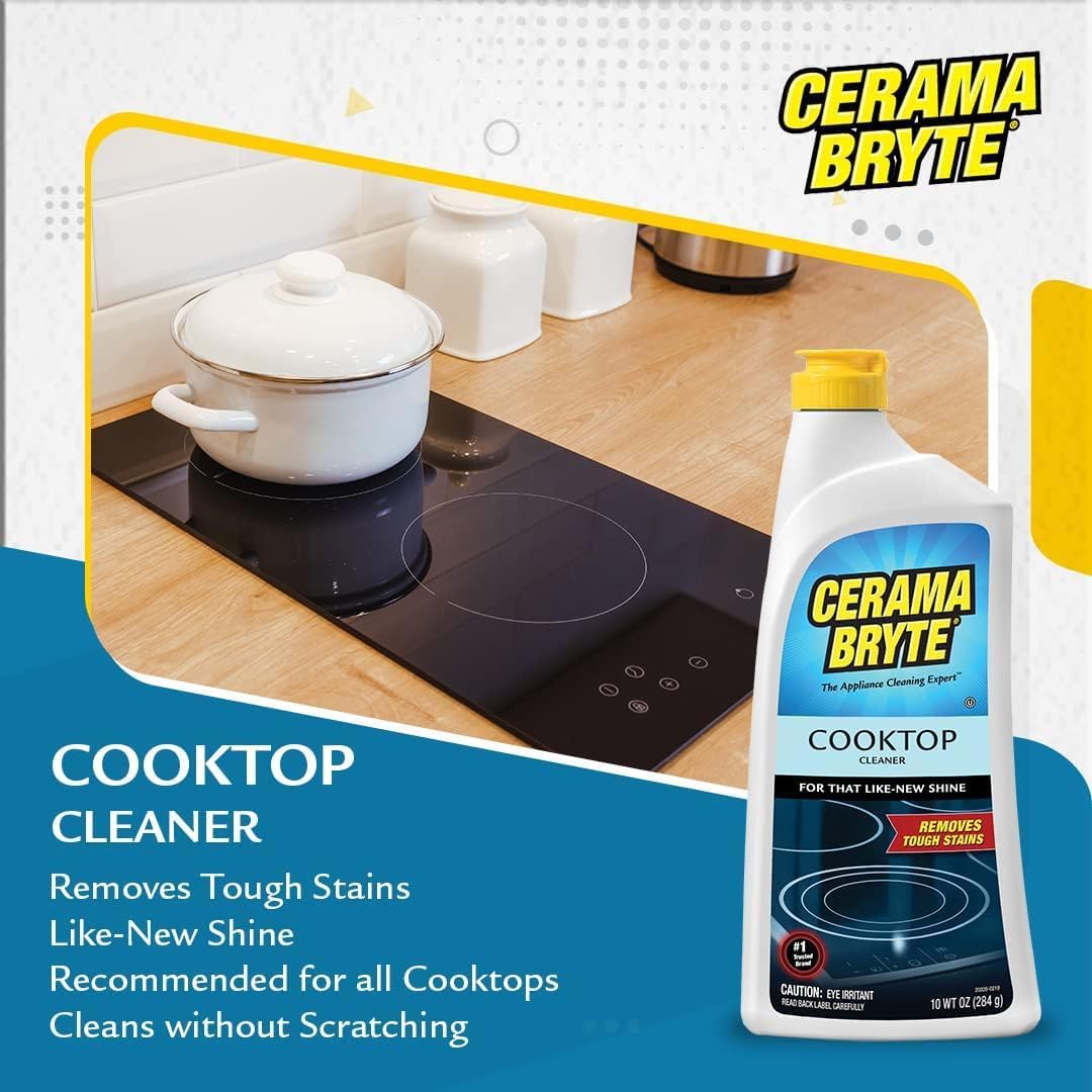 Cerama Bryte Combo Kit Pads & Removes Tough Stains Cooktop and Stove Top Cleaner for Glass - Ceramic Surfaces, 10 Ounces