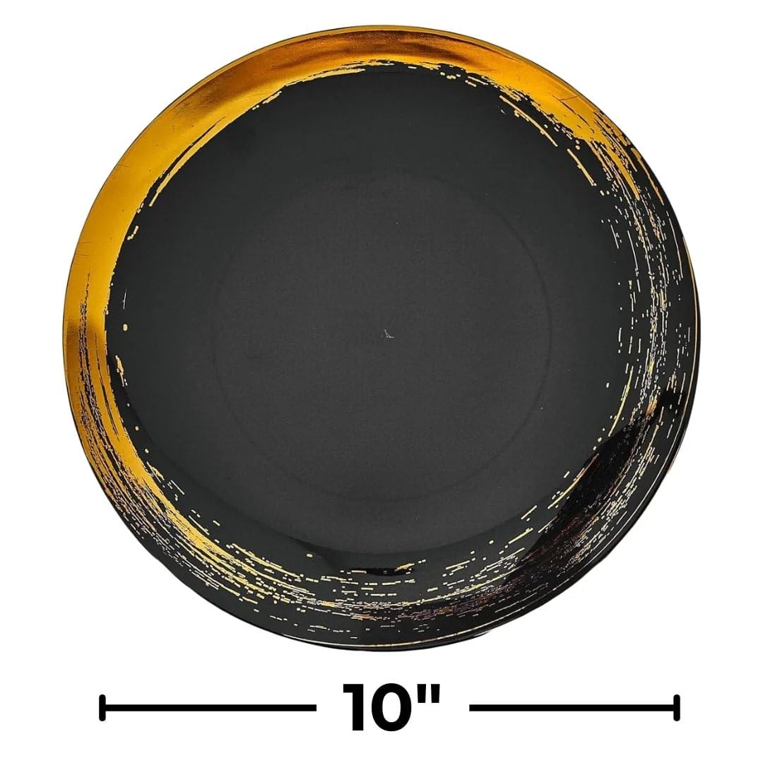Silver Spoons ROYALTY DINNERWARE PLATES | Gold Rimmed Plastic Plates | Brushed Collection, Dinner Plates, Black