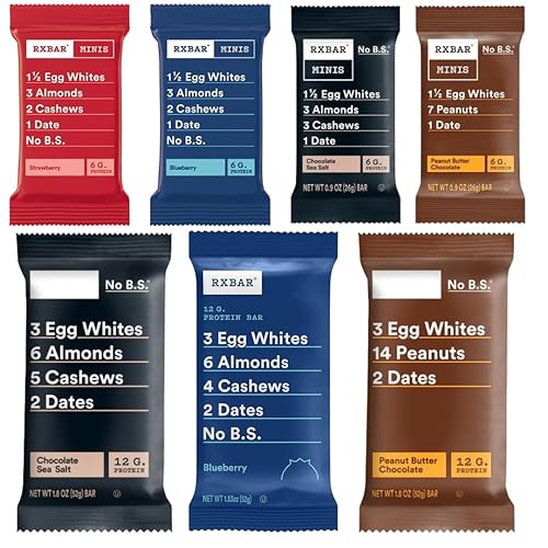 RXBAR Protein Bar Variety Pack, Regular & Mini Bars, 21 Count - Chocolate Sea Salt, Peanut Butter Chocolate, Blueberry & Strawberry - Whole Food