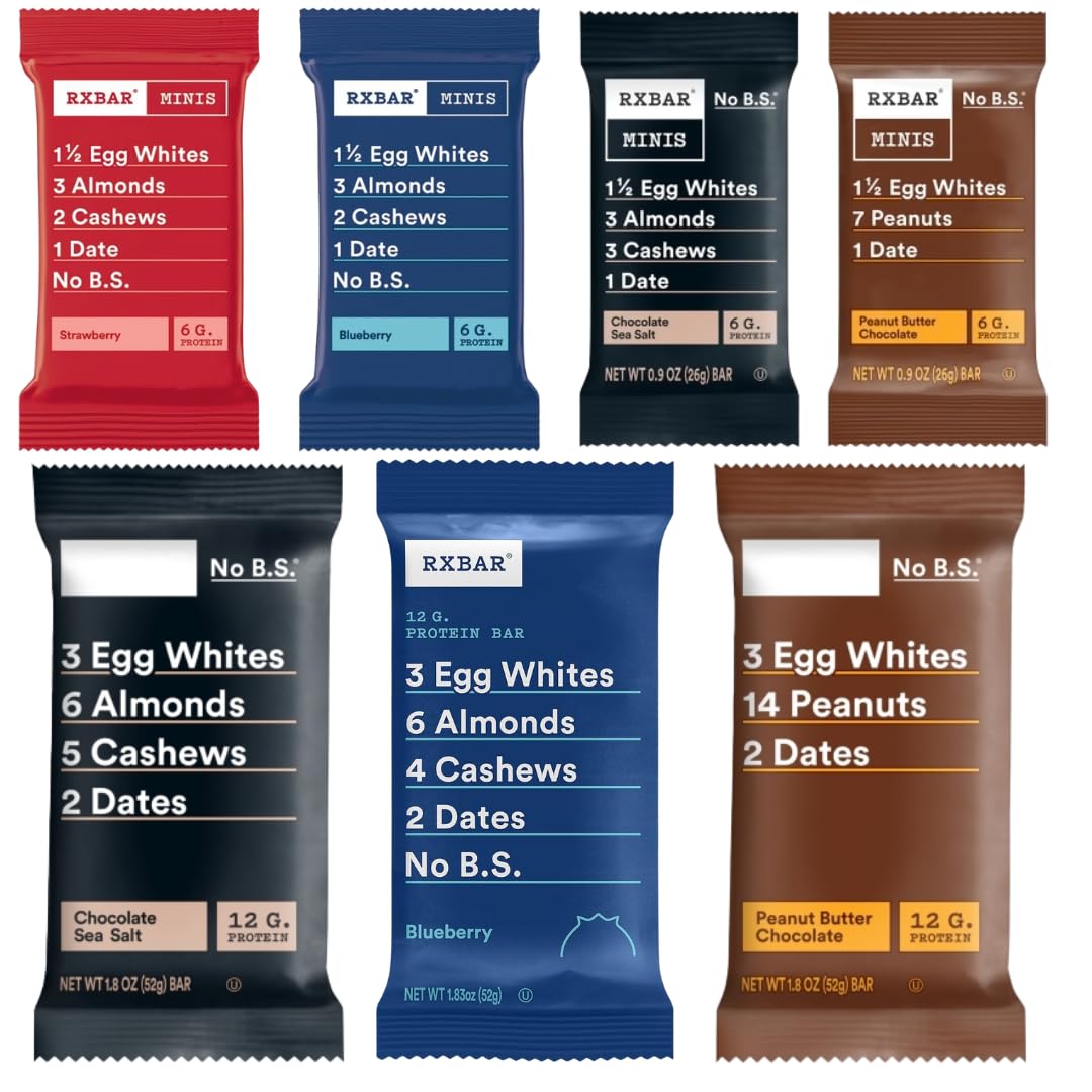 RXBAR Protein Bar Variety Pack, Regular & Mini Bars, 21 Count - Chocolate Sea Salt, Peanut Butter Chocolate, Blueberry & Strawberry - Whole Food