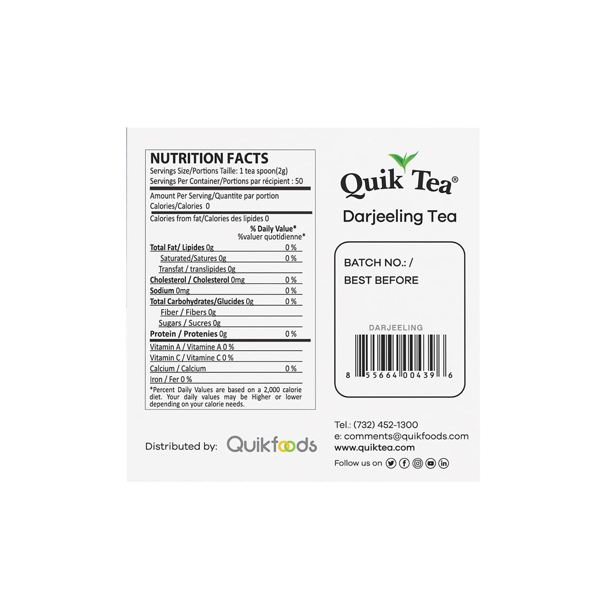 QuikTea Organic Darjeeling Tea | Long Leaf, Single Box 3.52 oz (100 Grams) | All-Natural, certified Organic, Fragrant Long Leaf tea from Darjeeling