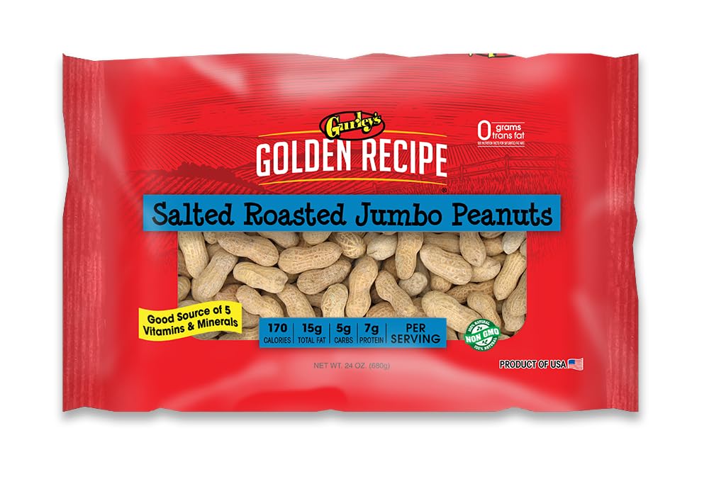 Gurley's Jumbo Salted & Roasted Peanuts In Shell, Non GMO Healthy High Protein Snacks, Salty Peanut Snack Sized Bags, 24 oz Bag In-Shell Party Peanuts