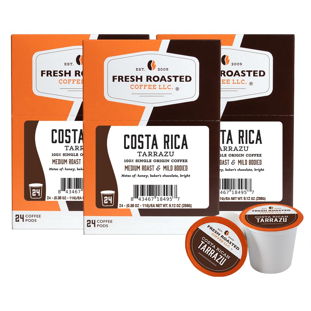 Fresh Roasted Coffee, Costa Rica Tarrazu, Medium Roast, 72 Pods for K Cup Brewers