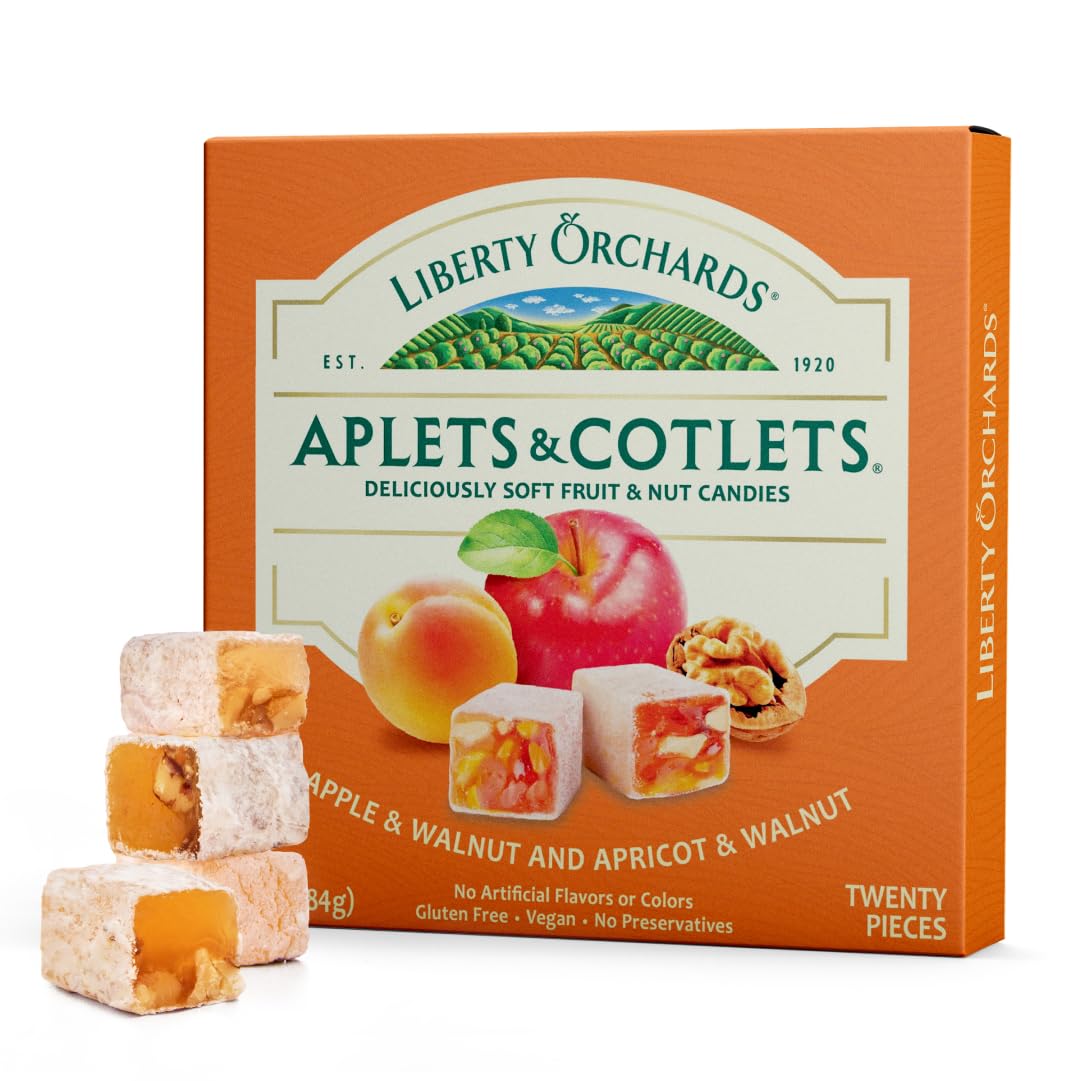Liberty Orchards Original Aplets & Cotlets - Gourmet Chewy Snack in Gift Box, Gluten Free, Lokum with Nuts, Apricot Walnut Vegan Turkish Delight Candy