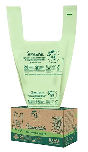 UNNI 8 Gallon Compostable Trash Bags with Tie Handles, 30 Count Small Food Scrap Kitchen Compost Bags for Countertop Bin, Certified by BPI, CMA & OK