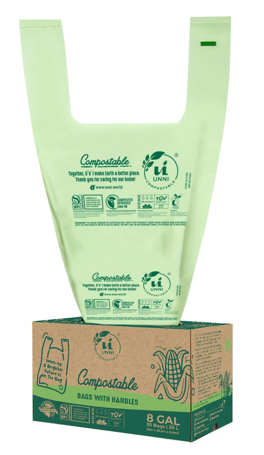 UNNI 8 Gallon Compostable Trash Bags with Tie Handles, 30 Count Small Food Scrap Kitchen Compost Bags for Countertop Bin, Certified by BPI, CMA & OK