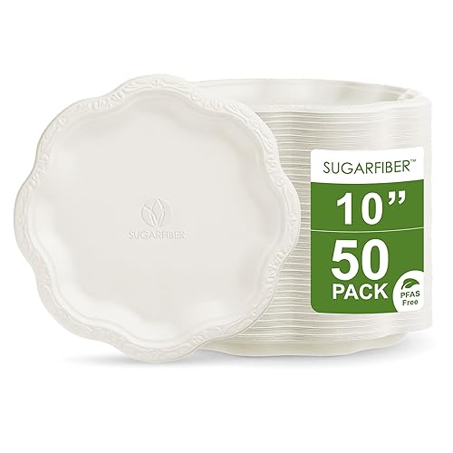 [50 COUNT]10-inch Compostable PFAS Free Floral Paper Plates, White Floral Acanthus Collection Natural Sugarcane Disposable Bagasse Eco Friendly