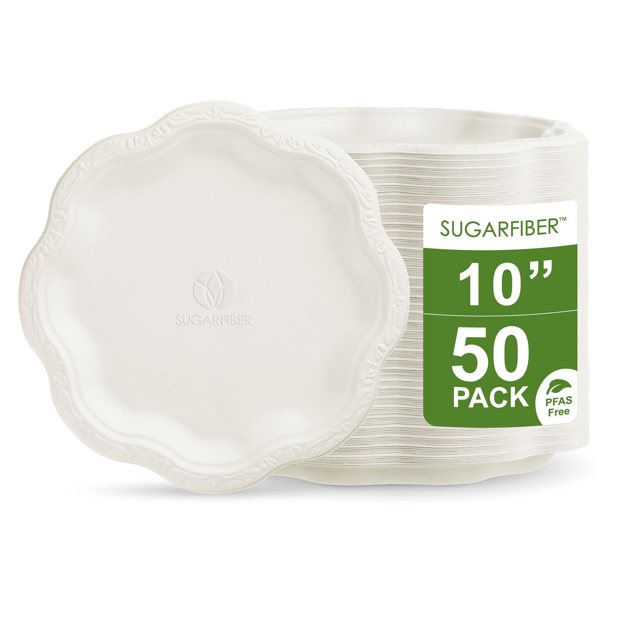 [50 COUNT]10-inch Compostable PFAS Free Floral Paper Plates, White Floral Acanthus Collection Natural Sugarcane Disposable Bagasse Eco Friendly