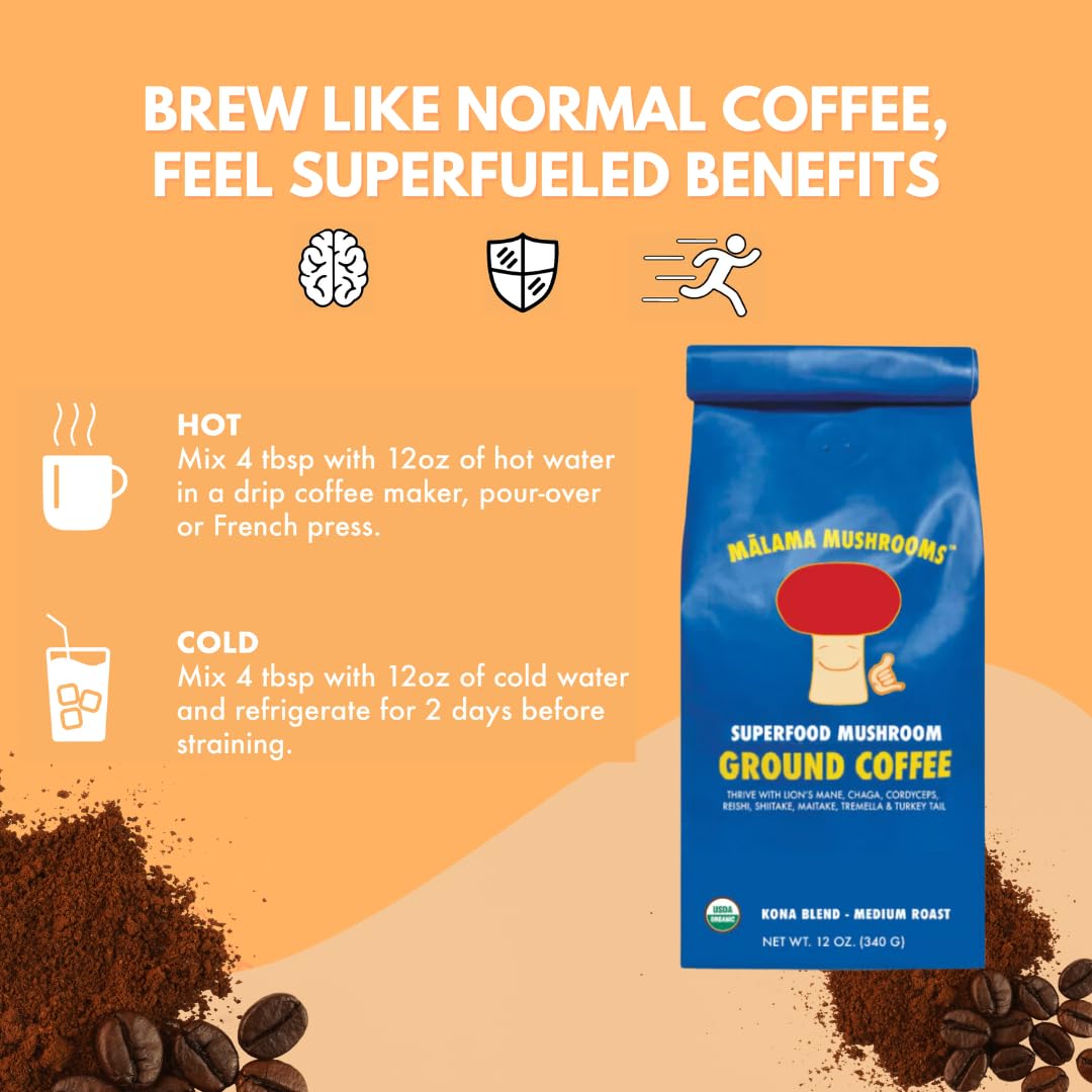 Organic Ground Mushroom Coffee by Malama | 8-Mushroom Superfood Blend with Lion’s Mane, Reishi, Cordyceps for Focus & Immune Support | Low Acid