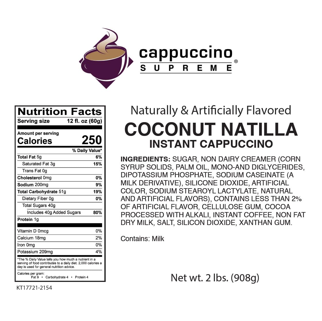 Cappuccino Supreme Coconut Natilla 2 lb bag Instant Cappuccino Mix