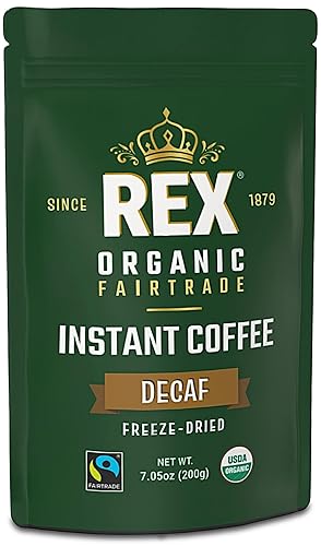 Rex Coffee Organic Fairtrade Natural Decaf Freeze-Dried Instant Coffee - Naturally Decaffeinated Arabica, 7.05 oz Resealable Pouch Bag - Lab Tested