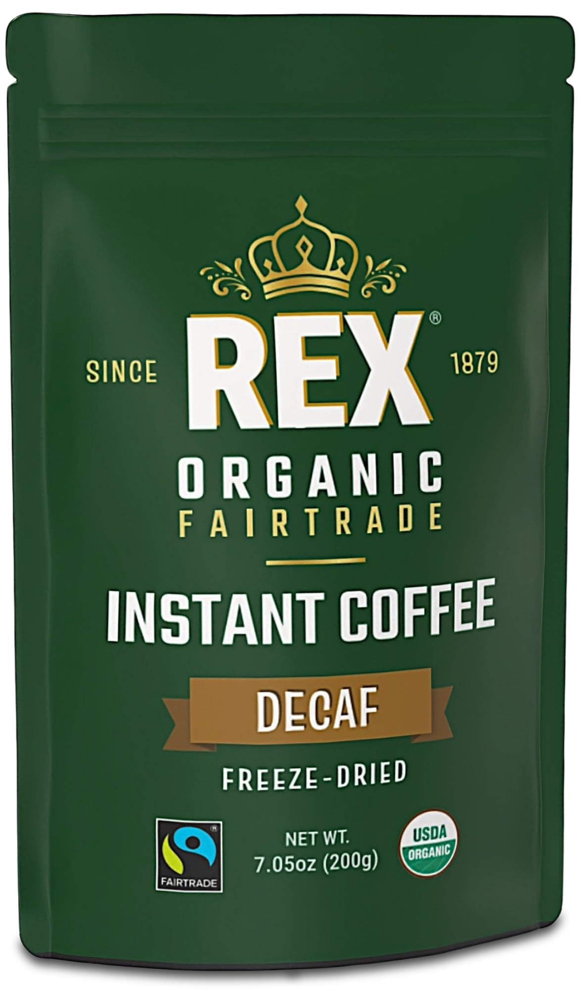 Rex Coffee Organic Fairtrade Natural Decaf Freeze-Dried Instant Coffee - Naturally Decaffeinated Arabica, 7.05 oz Resealable Pouch Bag - Lab Tested