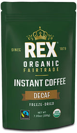 Rex Coffee Organic Fairtrade Natural Decaf Freeze-Dried Instant Coffee - Naturally Decaffeinated Arabica, 7.05 oz Resealable Pouch Bag - Lab Tested