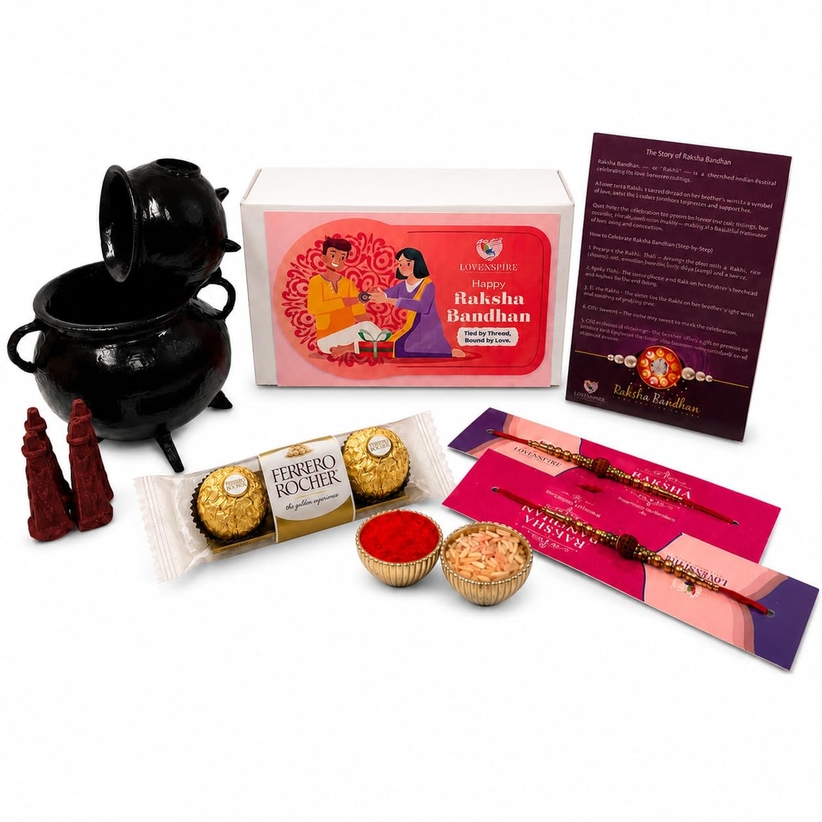 LOVENSPIRE Raksha Bandhan Gift Hamper for Brother & Bhabhi - Includes 2 Rudraksha Rakhi Bracelets, Buddha Dhoop Burner, Dhoop Sticks, Chocolates, Roli
