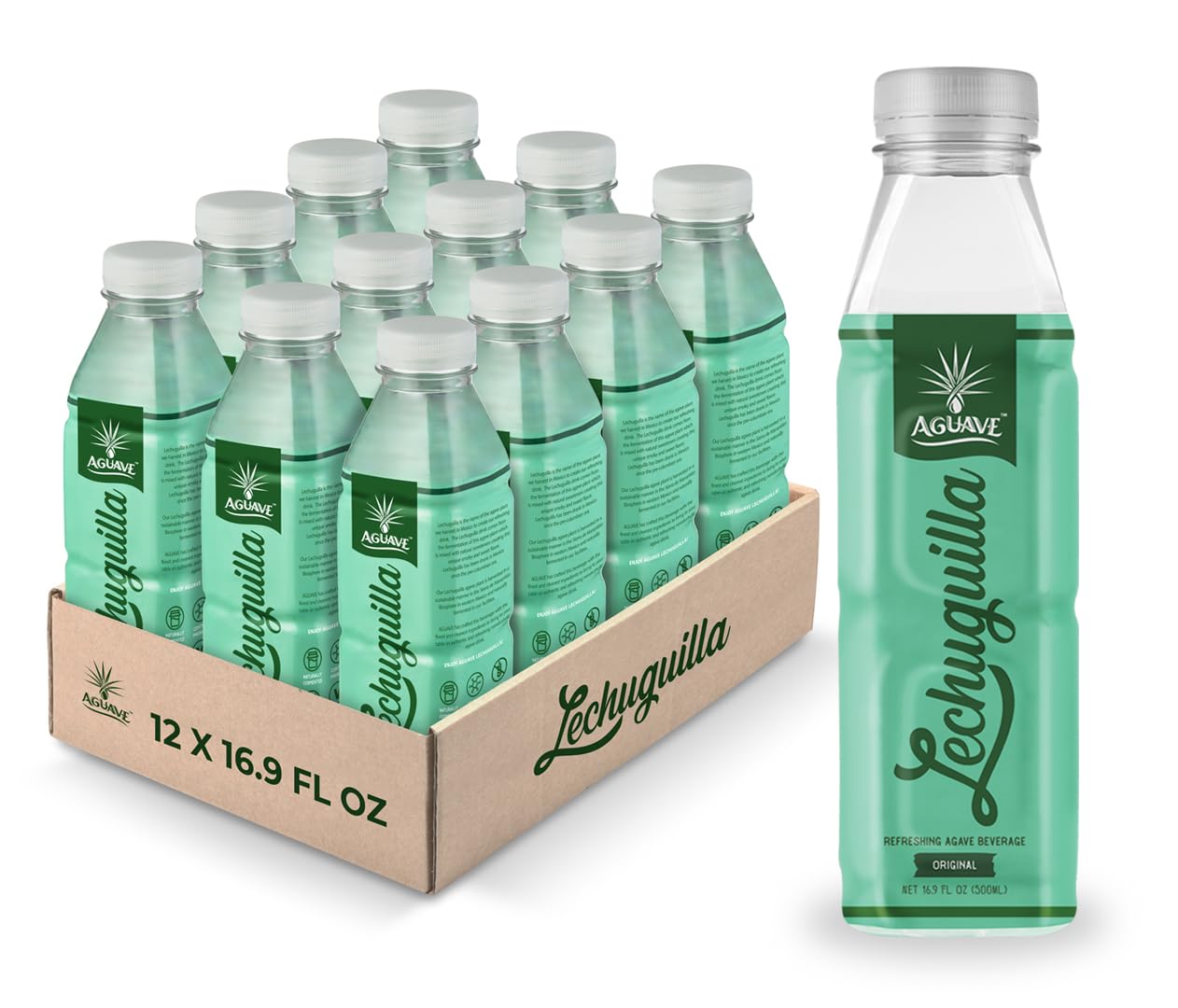 AGUAVE Prebiotic Mexican Drink - Fermented Agave LECHUGUILLA Beverage | Low Sugar Healthy Soda Alternative | Natural Gut Health Drink | 12-Pack