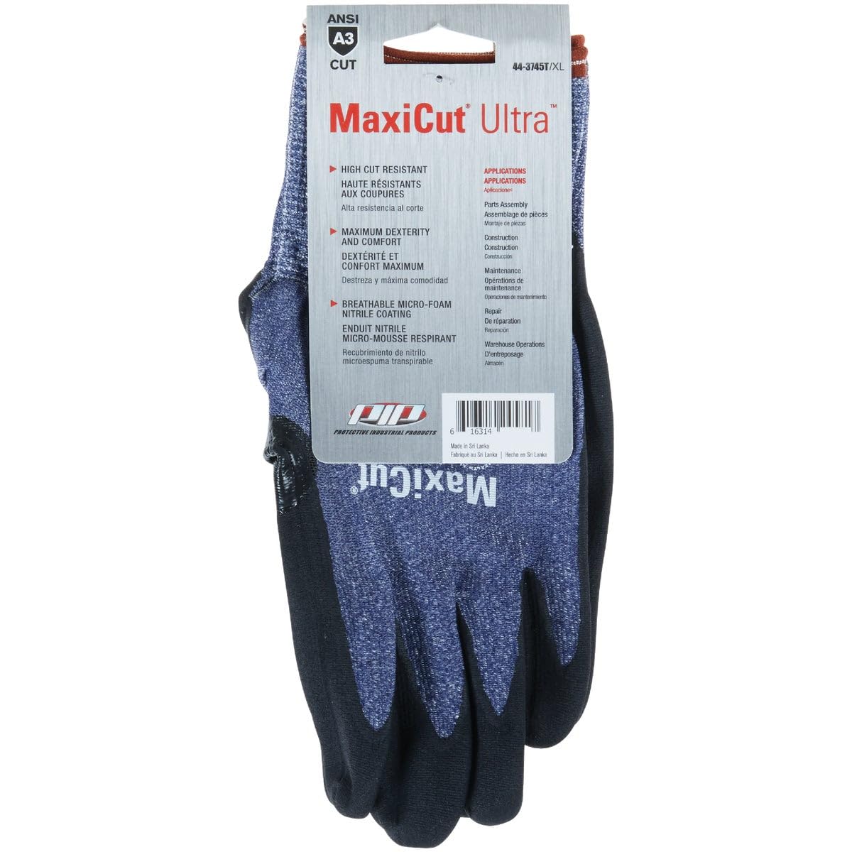 ATG 44-3745T/XL Maxicut Ultra, Blue Engineered Yarn Shell, Blk Microfoam Nitrile Grip, Tagged Blue XL