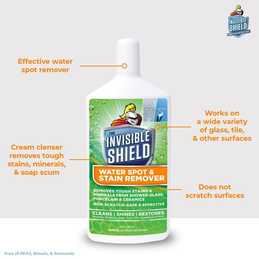 Invisible Shield Water Spot & Stain Remover Scrub 10 fl. oz. Removes Hard Water Spots and Soap Scum from Glass and Multi Surface by UNELKO- Clean-X