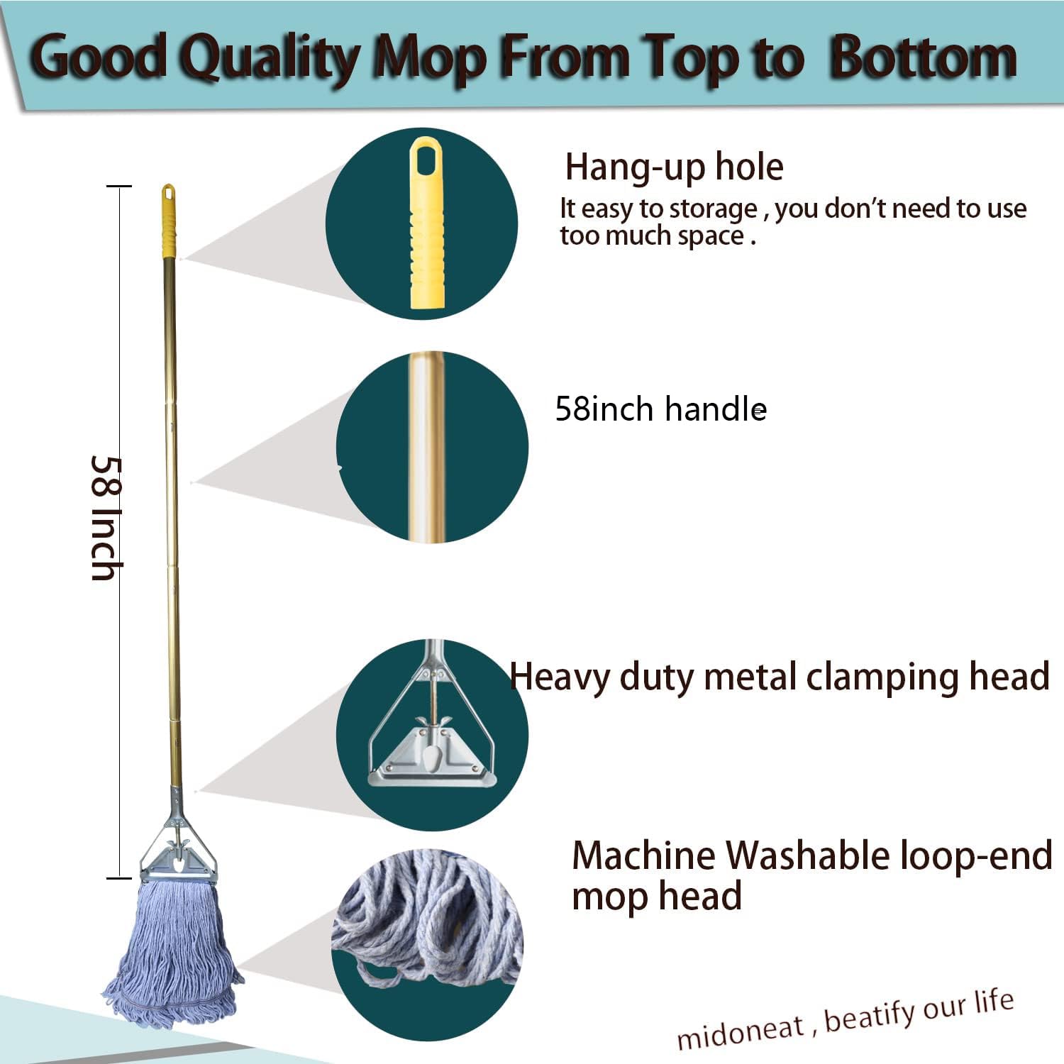 Midoneat Heavy Duty Commercial Industrial Mop ,58" Looped-End String Wet Cotton Mops for Floor Cleaning, Including Three mop Head Replacement