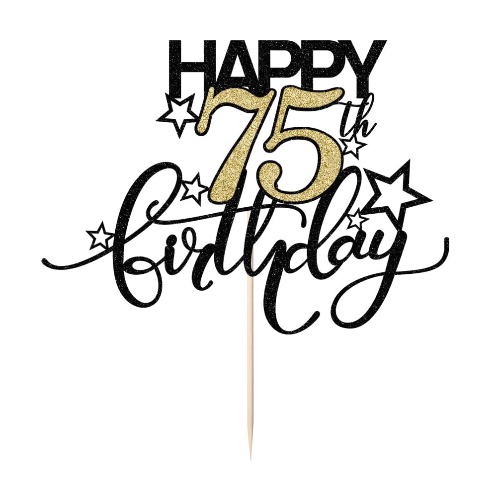Bekaterea Happy Birthday Cake Topper,Black font Golden Numbers 75th Birthday Cake Decoration?Hello 75, Cheers to 75 Years/75th Anniversary ?75