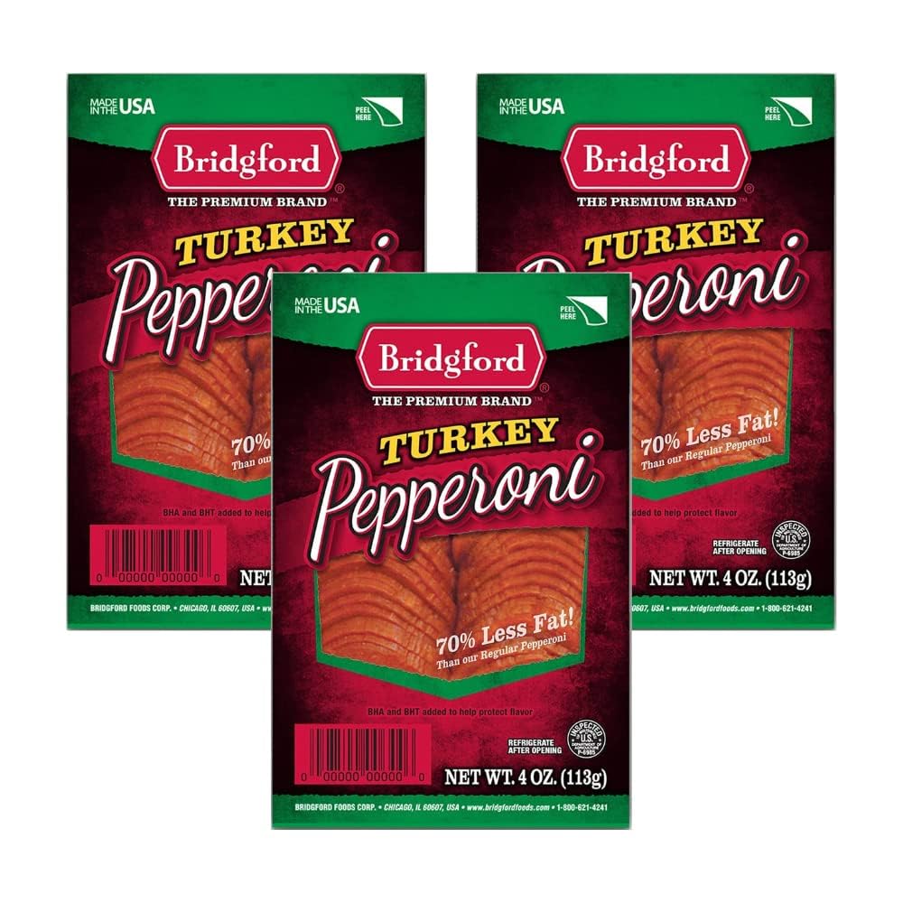 Bridgford Sliced Turkey Pepperoni 4 oz Pack of 3 - Pepperoni Slices for Pizza and Sandwiches - Protein-Rich Naturally Smoked Slices for Low-Carb Keto