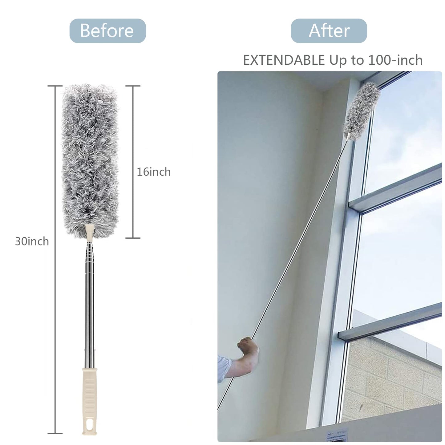 Microfiber Duster with Extension Pole(Stainless Steel) 30 to 100'', with Bendable Head, Extendable Long Duster for Cleaning Ceiling Fan, High Ceiling