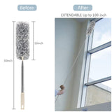 Microfiber Duster with Extension Pole(Stainless Steel) 30 to 100'', with Bendable Head, Extendable Long Duster for Cleaning Ceiling Fan, High Ceiling