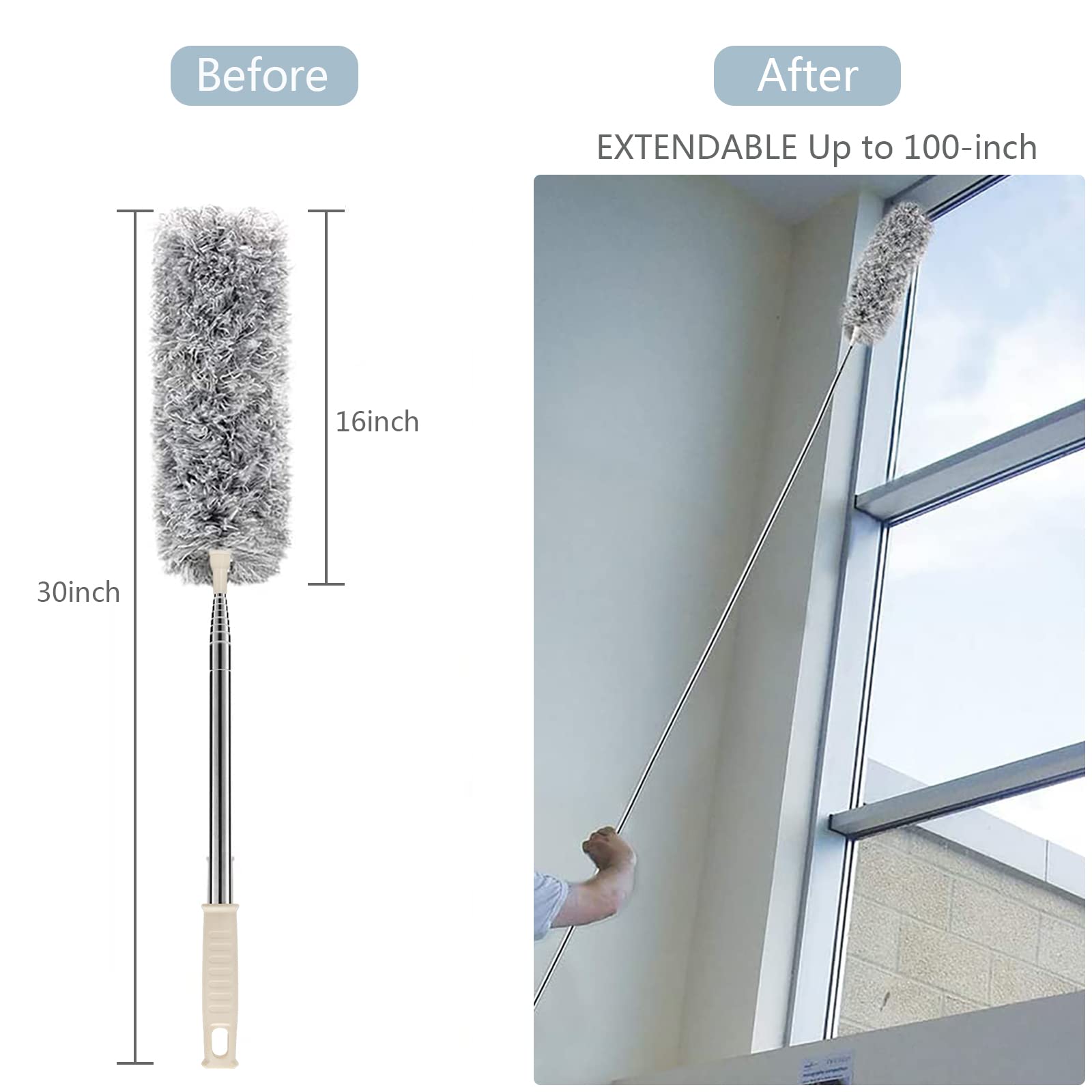 Microfiber Duster with Extension Pole(Stainless Steel) 30 to 100'', with Bendable Head, Extendable Long Duster for Cleaning Ceiling Fan, High Ceiling