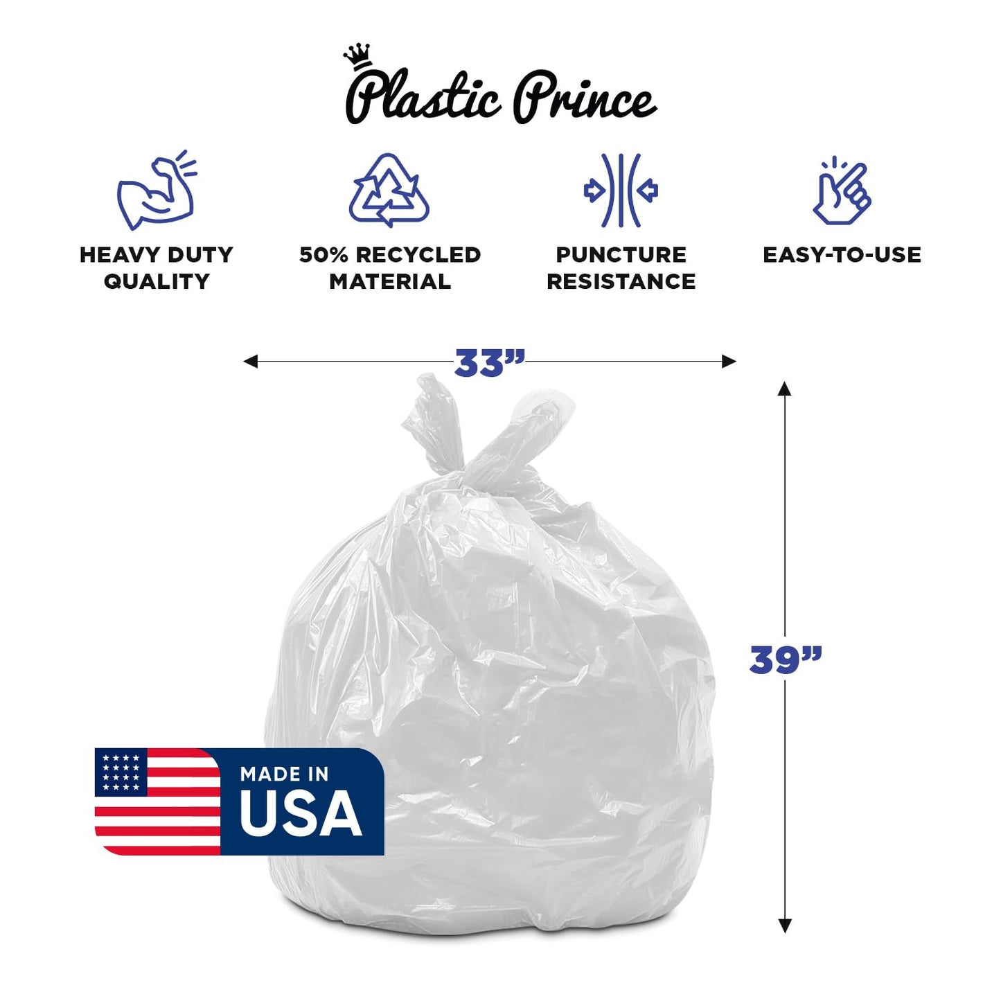 PLASTIC PRINCE (100 Pack) 30-33 Gallon Trash Bags, 1.5 Mil, Heavy Duty, Fits Round and Square 30-33 gal Trash Cans, 33" x 39" Garbage Trash Can Liners