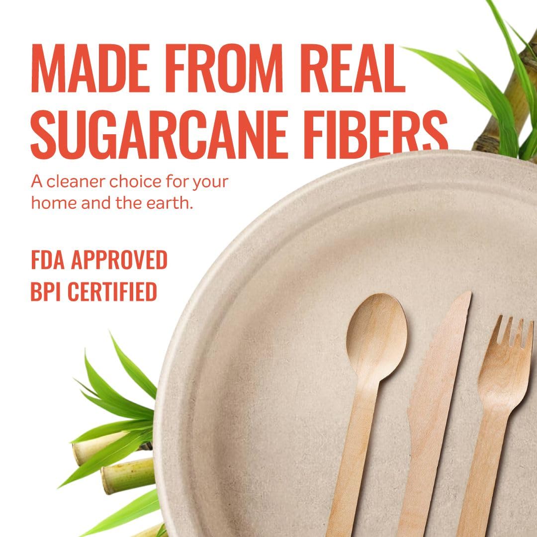 Compostable Plates 8.86 Inch, 125 Pack Heavy Duty, Leak Proof, Microwave Safe Bagasse Plates, Extra Sturdy, Oil Resistant, Eco Friendly Disposable