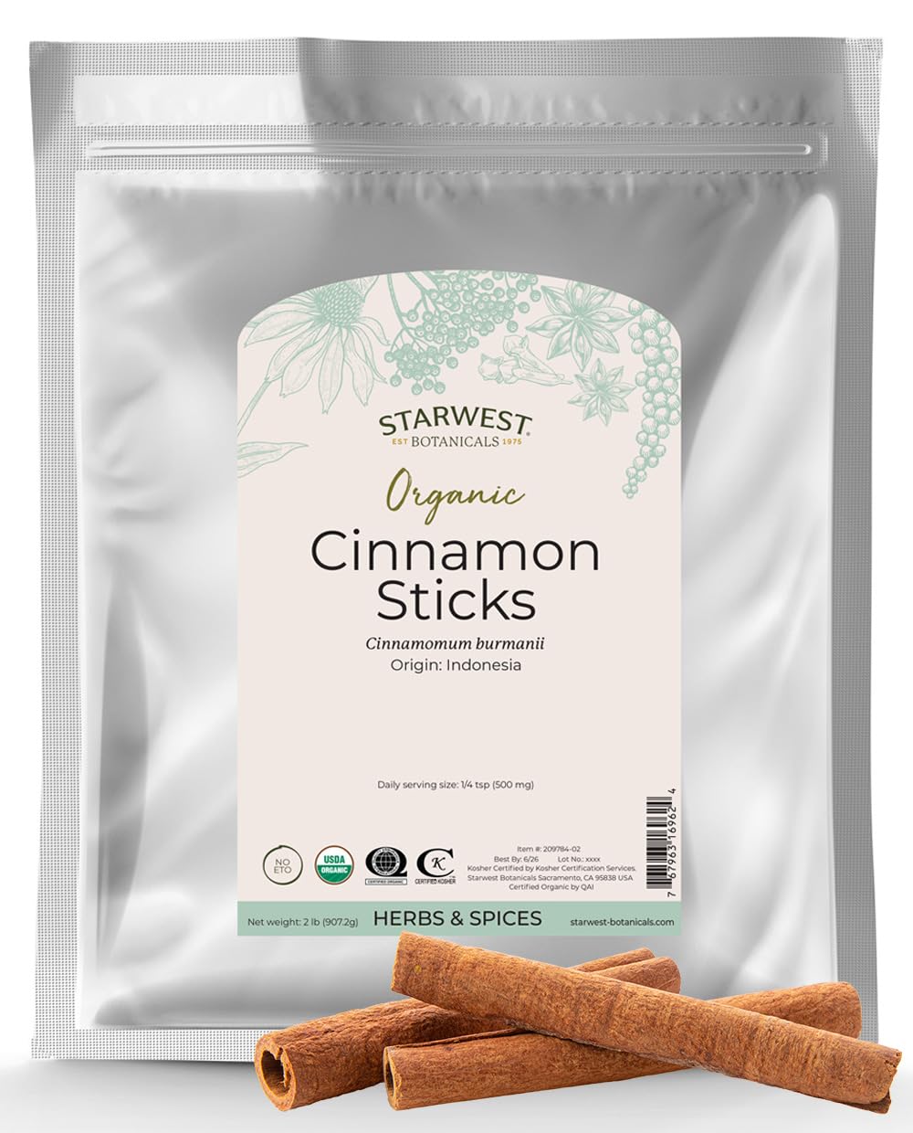 Starwest Botanicals Certified Organic Cinnamon Sticks, 2 lb, 2 3/4" Length | For Baking, Cooking & Beverages | Non-GMO, Kosher Certified
