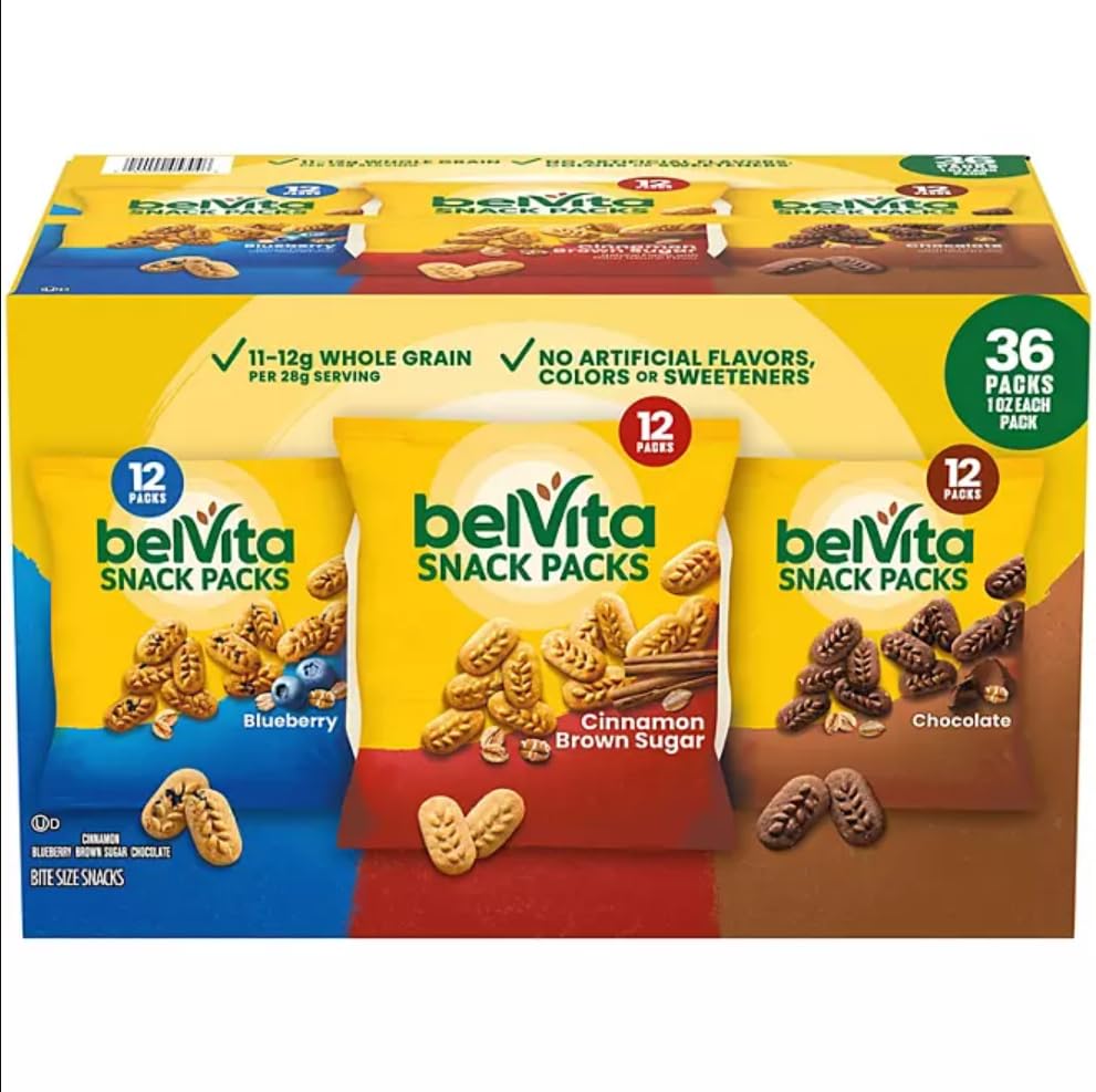 BelVita Breakfast Biscuits Variety Packs | 3 Natural Flavors - 12 Chocolate belVita Snack Packs, 12 Cinnamon Brown Snack Packs, and 12 Blueberry Snack