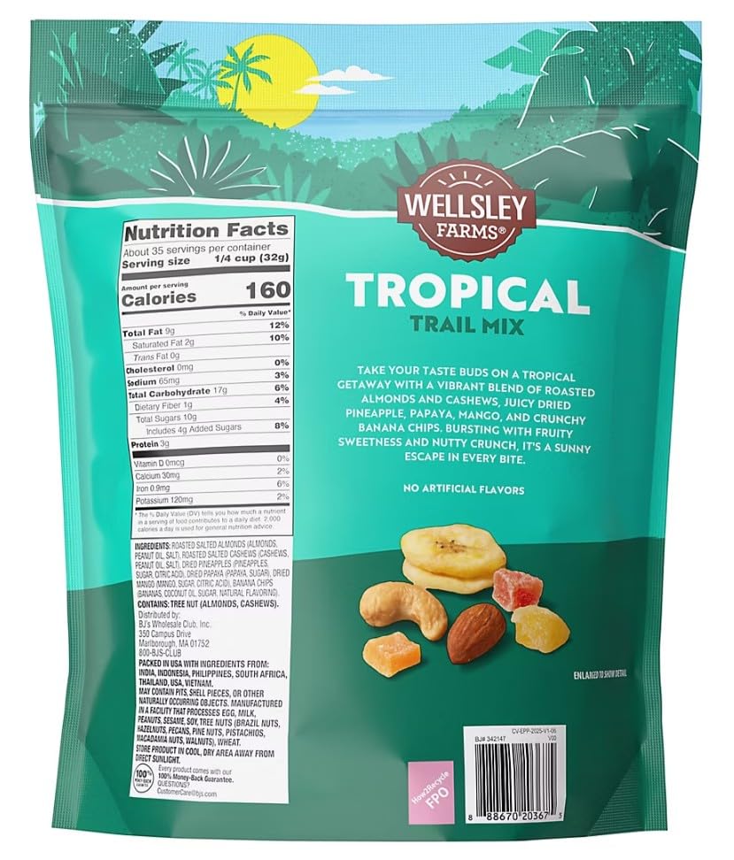 Wellsley Farms Tropical Trail Mix, 40 oz Resealable Bag - Dried Pineapple, Mango, Papaya, Banana Chips, Cashews, Almonds & Peanuts, No Artificial