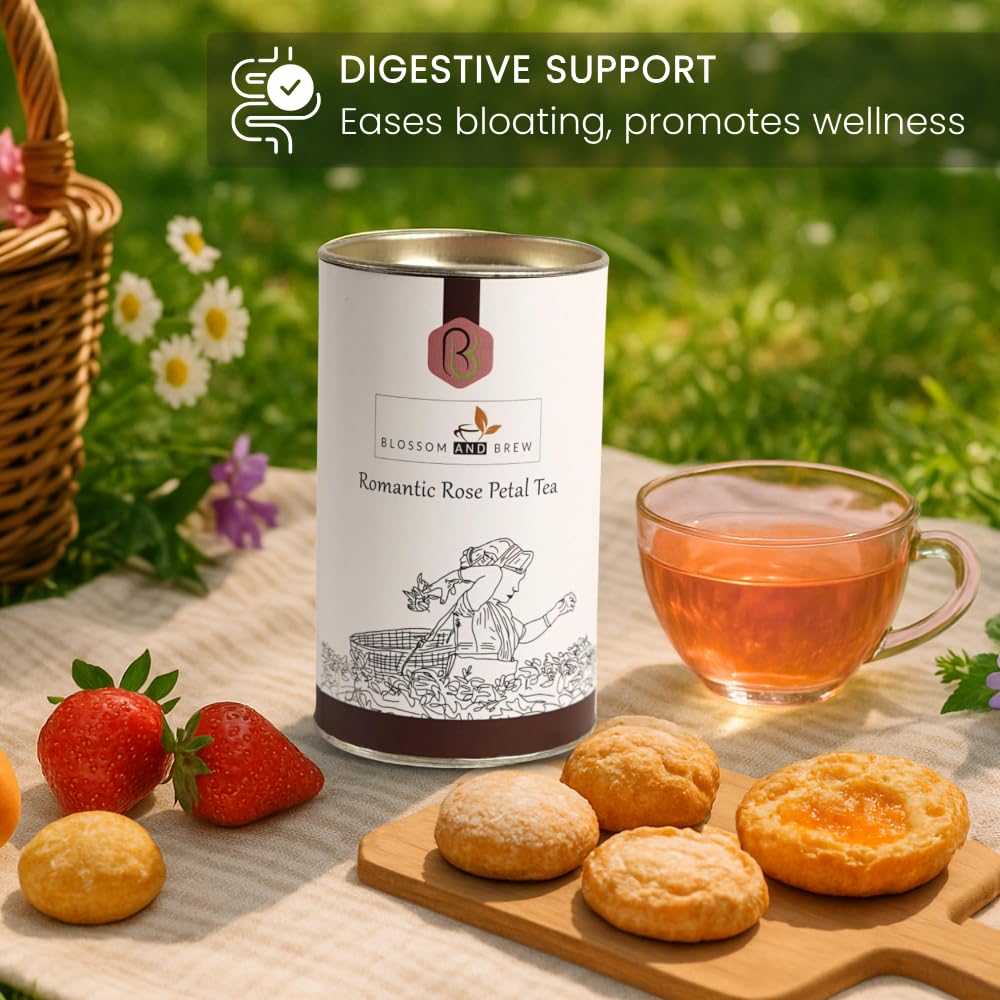 Blossom & Brew Romantic Rose Petal Tea (1.76oz) - Caffeinated Loose Leaf Black Tea with Dried Red Rose Petals - Floral Infusion for Hot or Iced Brew