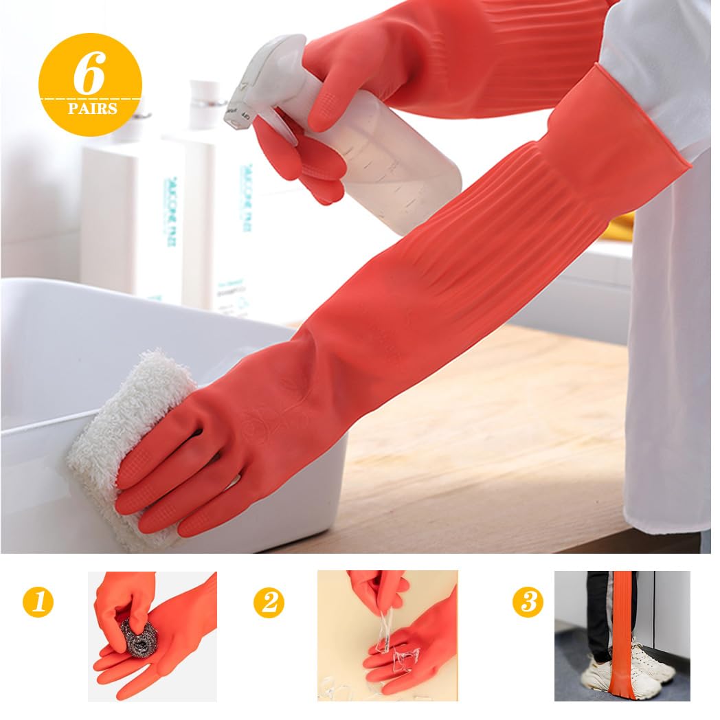 Vsootal 17.8" 6 Pairs Reusable Long Household Cleaning Gloves,Rubber Kitchen Dishwashing Gloves,Thickening,Long Sleeves, for Washing Dishes, Pet