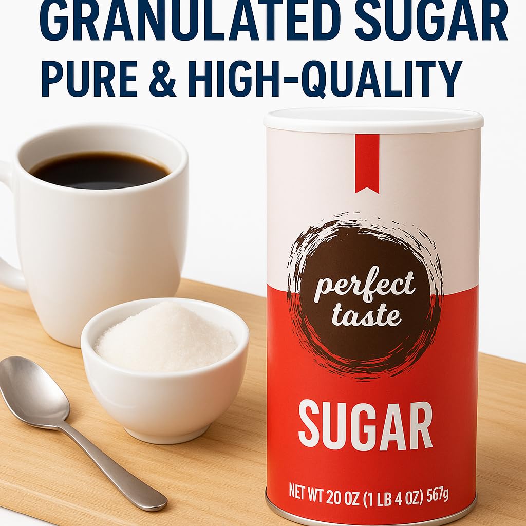 Perfect Taste Granulated Sugar - 20 oz Sugar Canister - Pure White Sugar for Coffee, Tea, Baking & Office Use - Easy-Pour Packaging