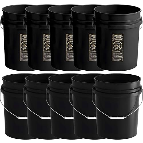 10 Pack - 5 Gallon Heavy-Duty Plastic Buckets with Metal Handle, 90 Mil, Food Safe & Multipurpose