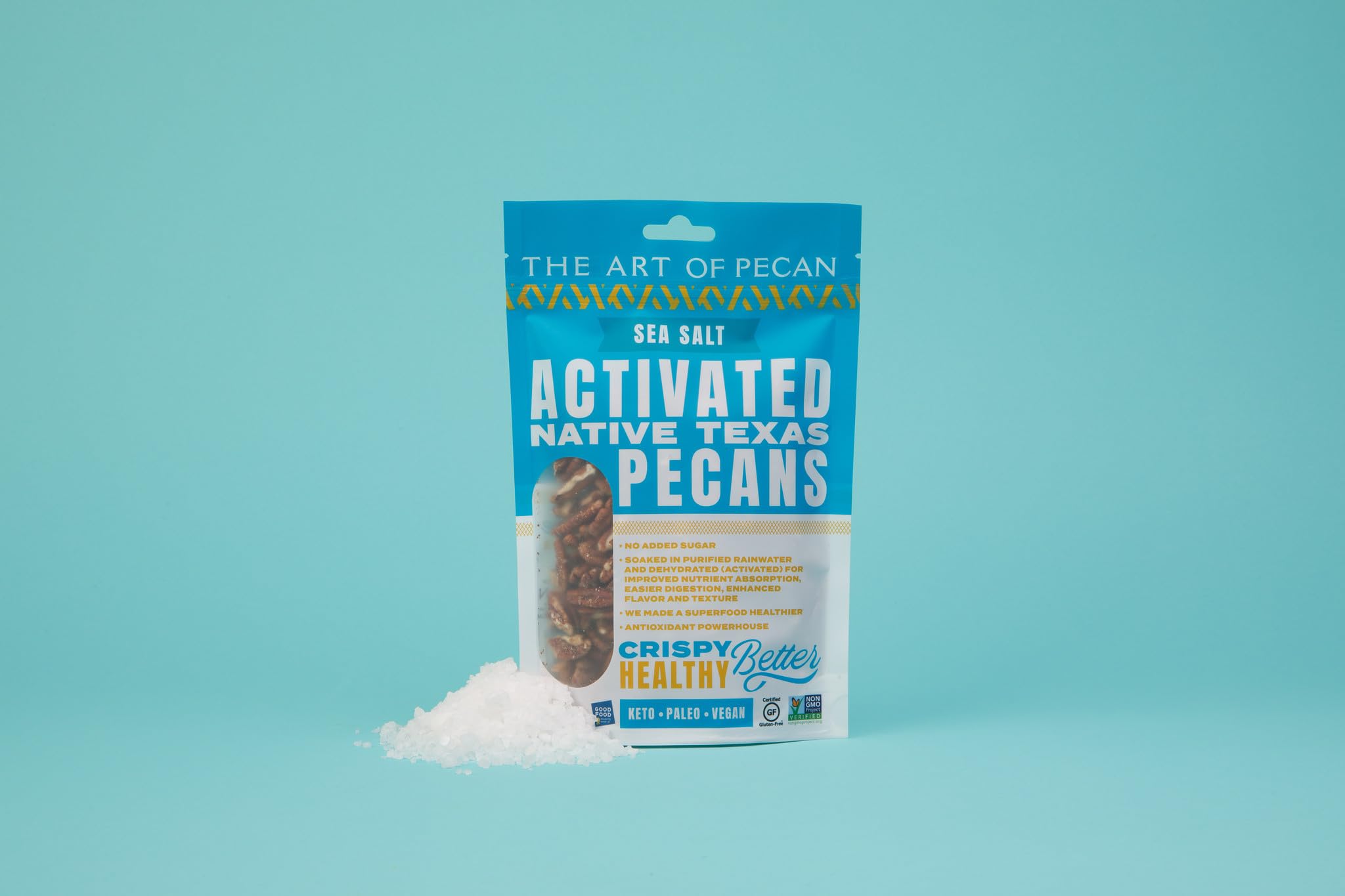 AOP Sea Salt Activated Native Texas Pecans, naturally crunchy, soaked and dehydrated, very low sugar premium snack. Non-GMO, Gluten-Free, Vegan