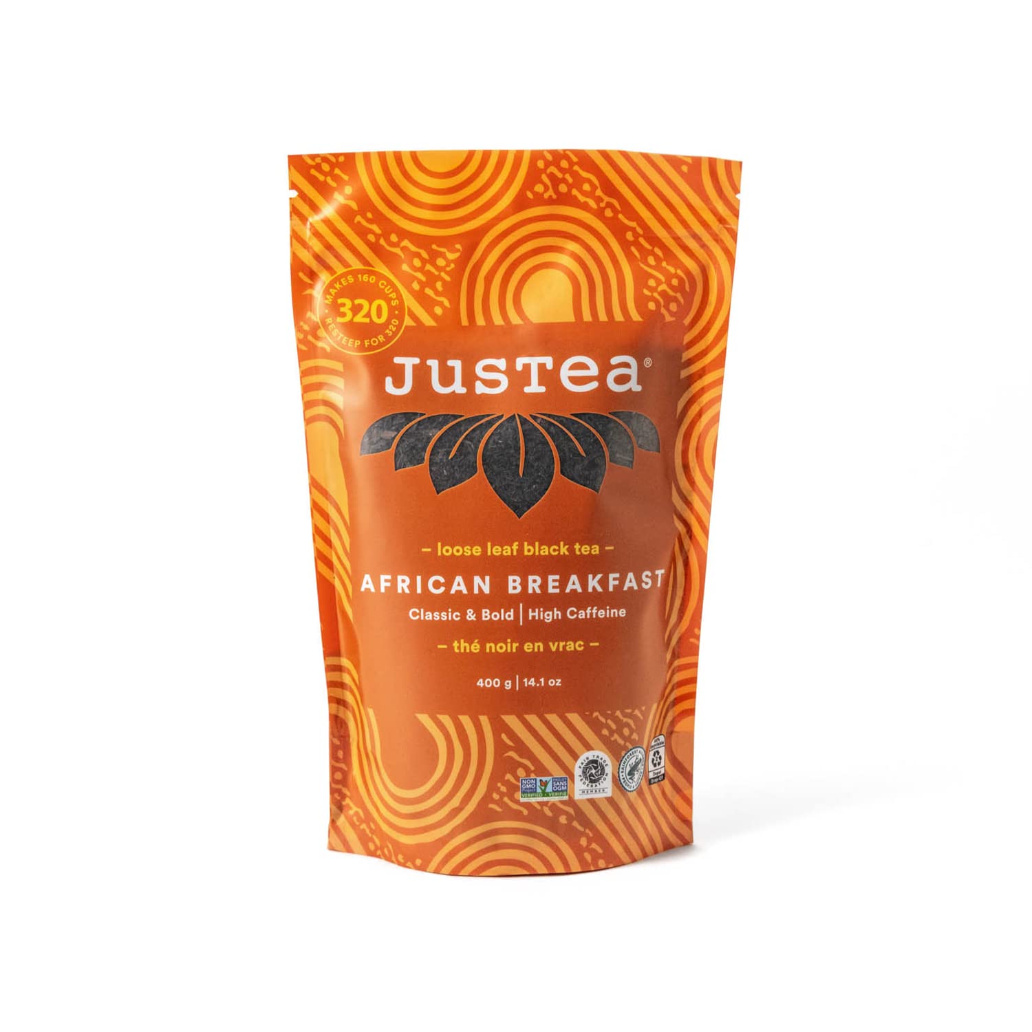 JusTea AFRICAN BREAKFAST | Loose Leaf Black Tea | Recyclable Refill Pouch | 160+ Cups (12.7oz) | High Caffeine | Award-Winning | Fair Trade | Non-GMO