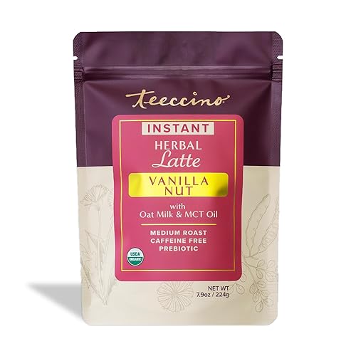 Teeccino Organic Instant Vanilla Nut Herbal Latte - 14 Servings - Creamy Oat & Coconut Latte Plus MCT Oil with Vanilla & Dates Accenting Roasted