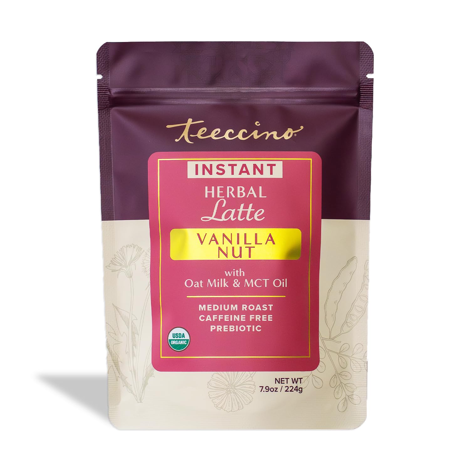 Teeccino Organic Instant Vanilla Nut Herbal Latte - 14 Servings - Creamy Oat & Coconut Latte Plus MCT Oil with Vanilla & Dates Accenting Roasted