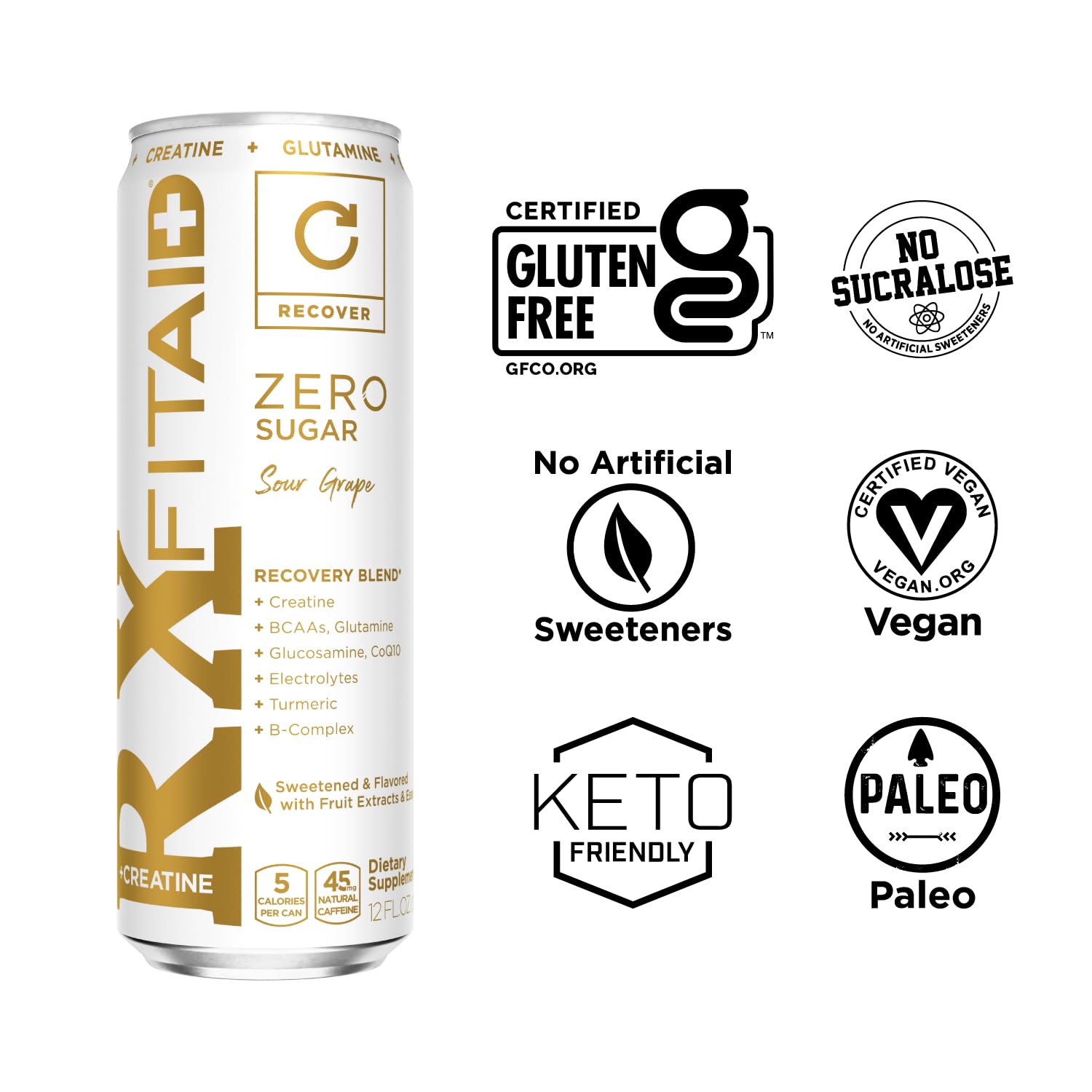 FITAID RX Zero, Creatine Monohydrate, 5 Calories, Keto-Friendly Post-Workout Recovery Drink, BCAAs, L-Glutamine, Turmeric, Electrolytes, B-Complex, 12