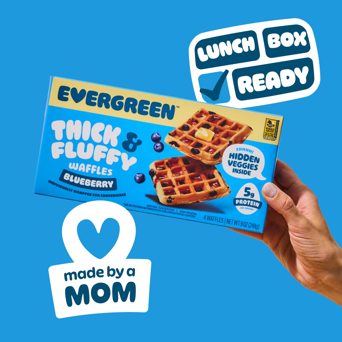 Evergreen Thick & Fluffy Waffles, Blueberry - Whole Grains, No Preservatives, Nut-Free, Individually Wrapped, Air Fryer Ready, Frozen Breakfast, 9 oz