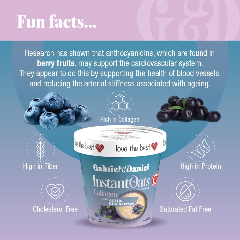 Gabriel & Daniel Instant Oatmeal w/Blueberries, Açaí & Collagen - Non-GMO, Pure and Organic Gluten Free Oats - High Protein & Fiber for Skin, Heart