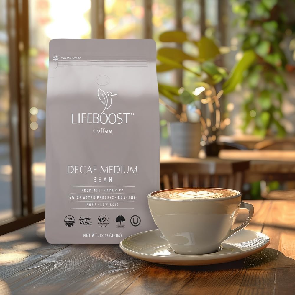 Lifeboost Medium Roast Swiss Water Decaf Whole Bean Coffee - Low Acid Organic Decaf Coffee, Non-GMO, USDA Organic, Single Origin, Third-Party Tested