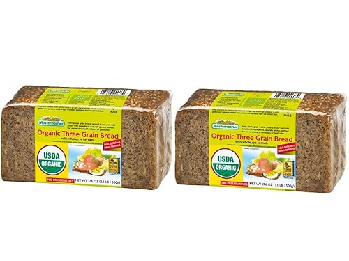 Mestemacher Organic Three Grain Whole Grain Bread, High Fiber German Bread, Shelf Stable, Vegan & Non-GMO, 17.6 Oz (Pack of 2)