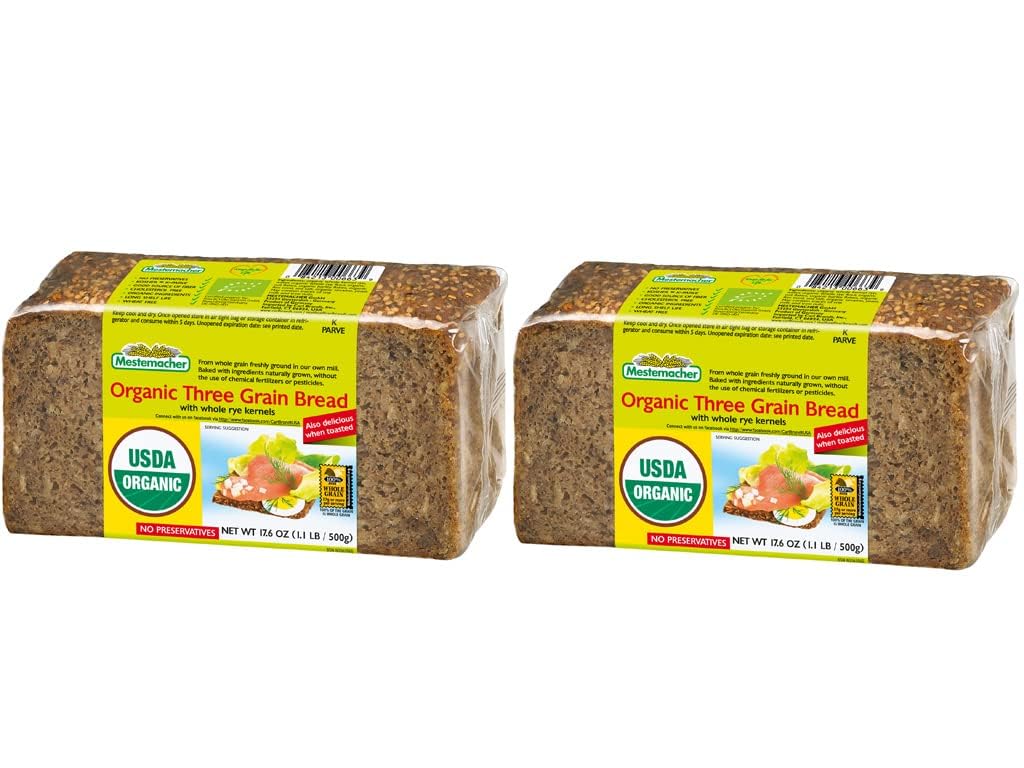 Mestemacher Organic Three Grain Whole Grain Bread, High Fiber German Bread, Shelf Stable, Vegan & Non-GMO, 17.6 Oz (Pack of 2)
