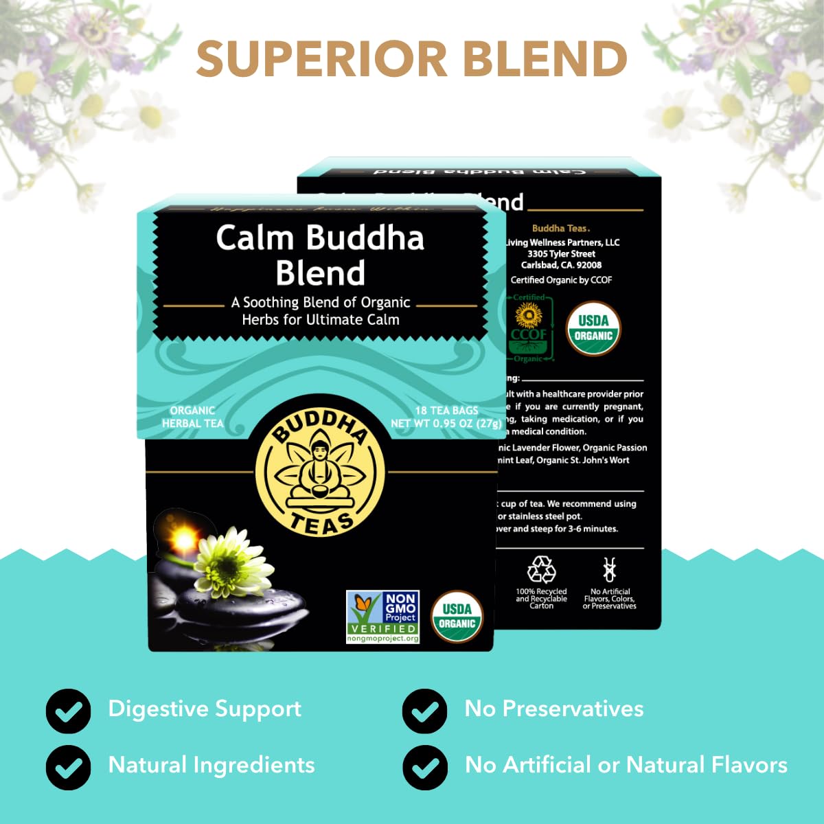 Buddha Teas - Calm Buddha Blend - Organic Herbal Tea - For Health & Wellbeing - Blend of Organic Herbs - Clean Ingredients - Caffeine Free - OU Kosher