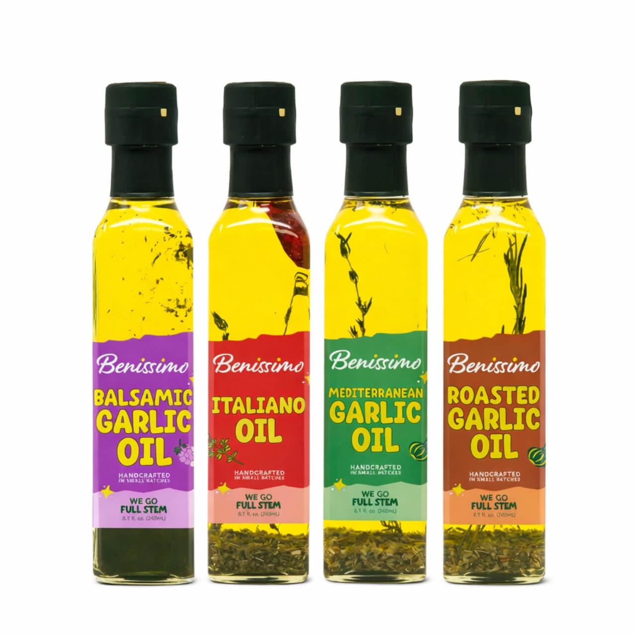 Benissimo Herb Infused Cooking Oil Chef Pack - 4 Artisan Flavored Oils: Italiano, Roasted Garlic, Mediterranean Garlic & Balsamic Garlic - Gourmet Cooking Oil Gift Set, All Natural, 8.1 fl oz Each