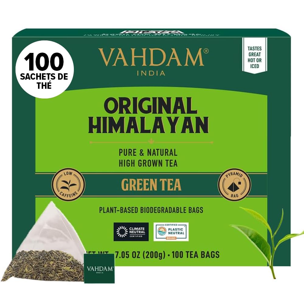 VAHDAM, Organic Himalayan Green Tea (100 Count) High Grown, Non GMO, Gluten Free, Low Caffeine | Earthy & Smooth | Resealable & Plant-Based Pyramid