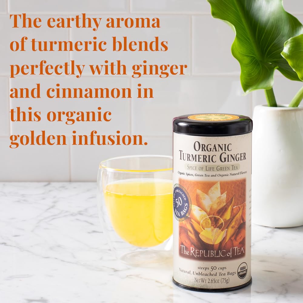 The Republic of Tea - Organic Turmeric Ginger Green Tea Tin, 50 Tea Bags, Naturally Caffeinated